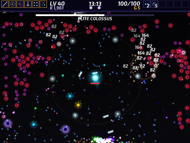 Late in a run, with six evolved weapons firing at once