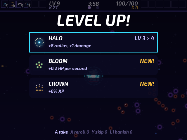 A level-up page: three cards to choose from